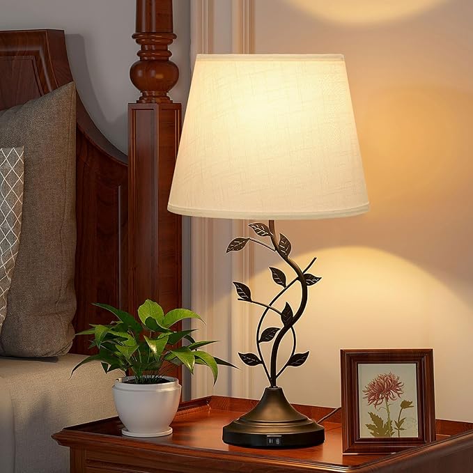 Kakanuo USB Touch Table Lamp Bedside Lamp with USB C Charging Ports for Living Room, White 3 Way Dimmable Traditional Nightstand Lamp Retro Table Lamp for Bedroom and Office (LED Bulb Included) - Bloomnest