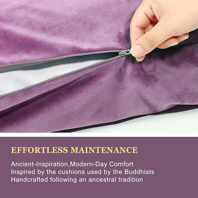 Meditation Zafu Cushion Set with Buckwheat Hulls & Memory Foam - Ergonomic Support for Yoga & Sitting - Removable Machine-Washable Luxury Velvet Cover - for Adults and Kids (Purple（COVER ONLY）)