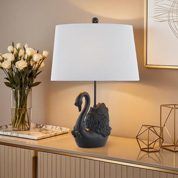 Crestview Collection Bird Table Lamp, 24" Matte Black Swan Resin Table Lamp with Linen Shade, Modern Animal Lamp for Nightstand,End Table or Entryway, Art Home Decor for Bedroom,Living Room or Hallway - Bloomnest
