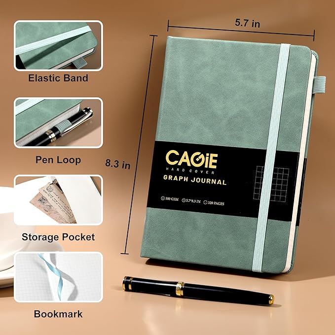 CAGIE Graph Paper Notebook- 320 Pages 100 GSM Graphing Grid Journal A5 Hardcover Leather Quad Ruled Notebooks for Engineering, Math, Work, Green - Bloomnest