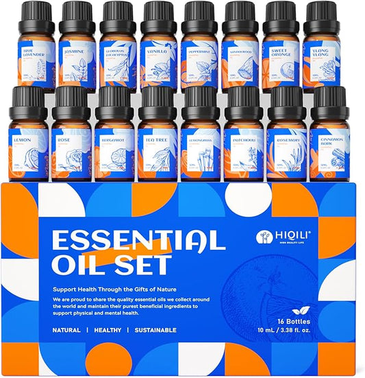 HIQILI Essential Oils Set,Top 16 Organic Aromatherapy Oils for Diffusers for Home,Plant Therapy,Candle Making,Laundry Fragrance,Humidifiers,Skin Care - Bloomnest
