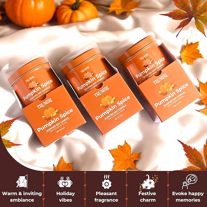 Pumpkin Spice - Cinnamon Soy Candles for Home Scented - for Fall Halloween Thanksgiving Holidays - Pack of 3 x 5oz Natural Clean Non Toxic Long Lasting Highly Scented Candels with Essential Oils TRUMIRI