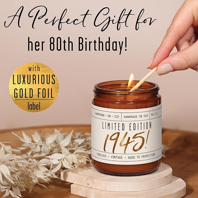 80th Birthday Gifts for Women - 'Limited Edition 1945' Soy, w/Champagne on Ice I 1945 Birthday Gifts for Women I 80 Birthday Gifts for Women I 16oz Reusable Jar, 50Hr Burn, Made in USA - Bloomnest