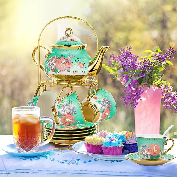 20 Pieces Porcelain Tea Set With Metal Holder, European Ceramic tea set for adults,Flower Tea Set,Tea Set For Women With Flower Painting (Large version, Green) - Bloomnest