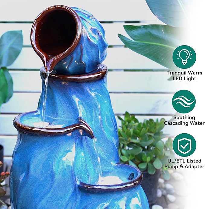 29" Ceramic Outdoor Fountain with Lights, 4-Tier Pots Waterfalls Patio Water Fountain, Tranquil Oasis for Relaxing Garden, Yard, or Porch Decor, Turquoise, Dynamic Wave-Texture - Bloomnest