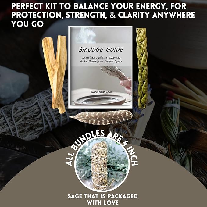 Ancient VEDA Organic Smudge Kit – Blue Sage, Palo Santo, Sweetgrass Braid, Feather & Smudge Guide | Home Cleansing Kit for Meditation, Yoga, Energy Healing & Gift (Starter Kit, Blue Sage)
