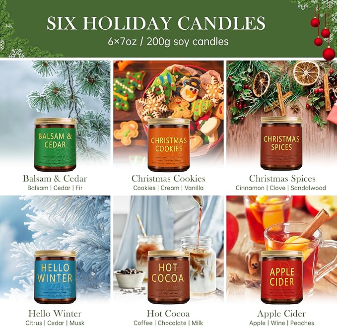 Christmas & Winter Candle Gift Set, 6 Pack 7oz Soy Scented Candles for Home, Holiday & Birthday Gift for Women & Men, Balsam Cedar, Christmas Cookies & Spices, Apple Cider, Hot Cocoa & Hello Winter - Bloomnest