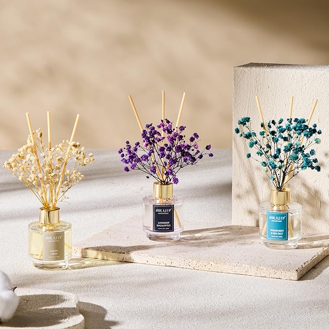 Airkeep Reed Diffuser Set of 3,Clean Linen Ocean Mist&Sea Salt Lavender Eucalyptus Oil Reed Diffusers for Bedroom Living Room Office Aromatherapy Oil Reed Diffuser for Gift 50ml x 3 - Bloomnest