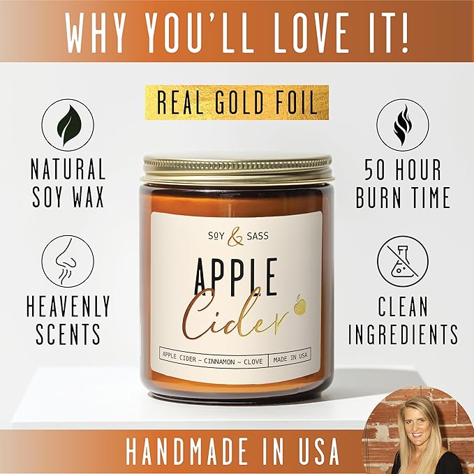 Apple Cider Candle, Fall Candles I Apple Cider, Cinnamon & Nutmeg - Infused with Essential Oils I Mulled Cider Fall Scented Candle (Soy) for Home I 9oz Reusable Jar I 50Hr Burn I Made in USA - Bloomnest