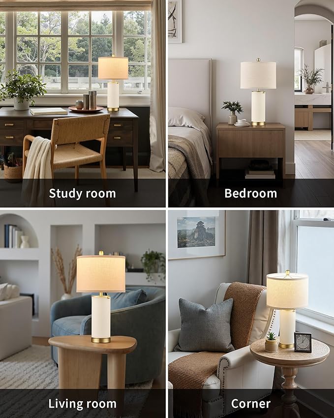 KDG 23.4" White PU Leather Table Lamps for Living Room Set of 2, 3 Level Brightness LED Modern Home Decor Fabric Lampshade Desk Lamp Lighitng for Bedroom, Bedside, Farmhouse, Nightstand, Night Light - Bloomnest