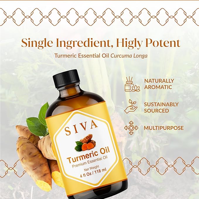 Siva Turmeric Essential Oil - 4 Fl Oz – 100% Natural Turmeric Oil - for Diffuser, Face, Skin Care, Aromatherapy, Hair Care, Scalp and Body Massage - with Dropper - Bloomnest