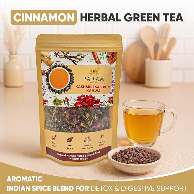 Param Kesar Organic Saffron Cardamom Cinnamon Herbal Green Tea | Detox & Digestive Support | Aromatic Indian Spice Blend with Rose & Licorice | 100g Loose Leaf Tea - Bloomnest