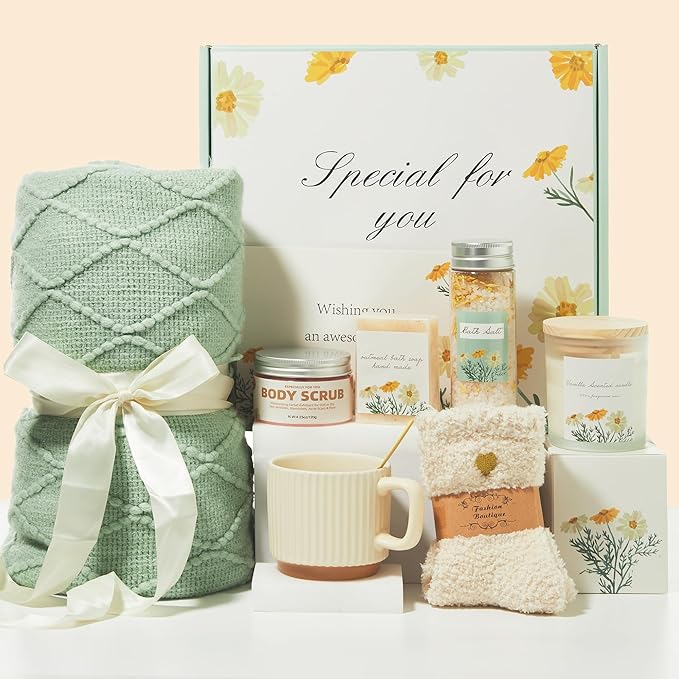 Deluxe Spa Self Care Care Package Gift Baskets for Women & Self-Care Gift Box with Body Scrub & Bath Salt | Home Spa Care Package, Unique Relaxing Birthday Gift & Get Well Gift for Women