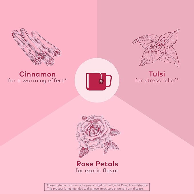ORGANIC INDIA Tulsi Cinnamon Rose Tea Bags - Tulsi Rose Tea Bags, Cinnamon Tea Bags with Holy Basil, Chamomile, Stevia, USDA Certified Organic Caffeine Free Herbal Tea - 18 Infusion Bags, 6 Pack - Bloomnest