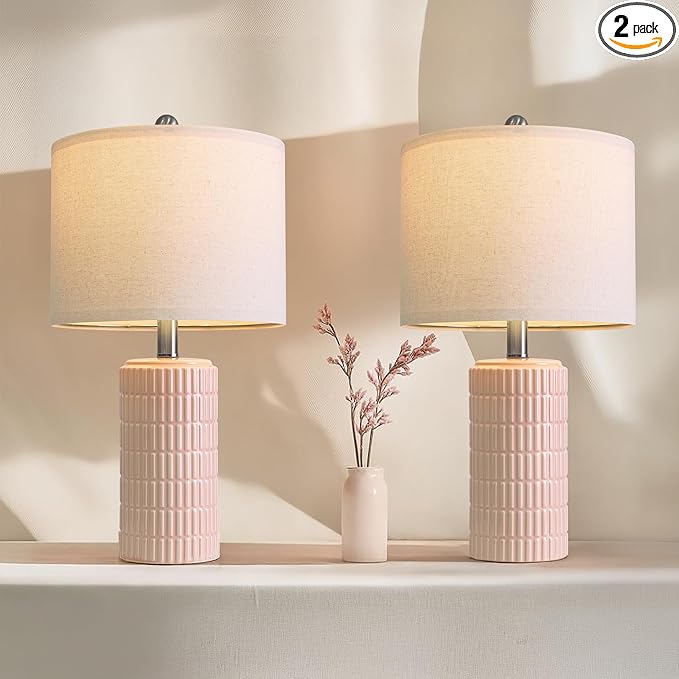 PoKat 20.75" Pink Ceramic Table Lamps Set of 2, Small Modern Bedroom Lamps for Girls Room, Bedside Lamps for Night Stands, Cute Lamps for Living Room Decor, Nightstands Desk Lamp, Light Pink - Bloomnest