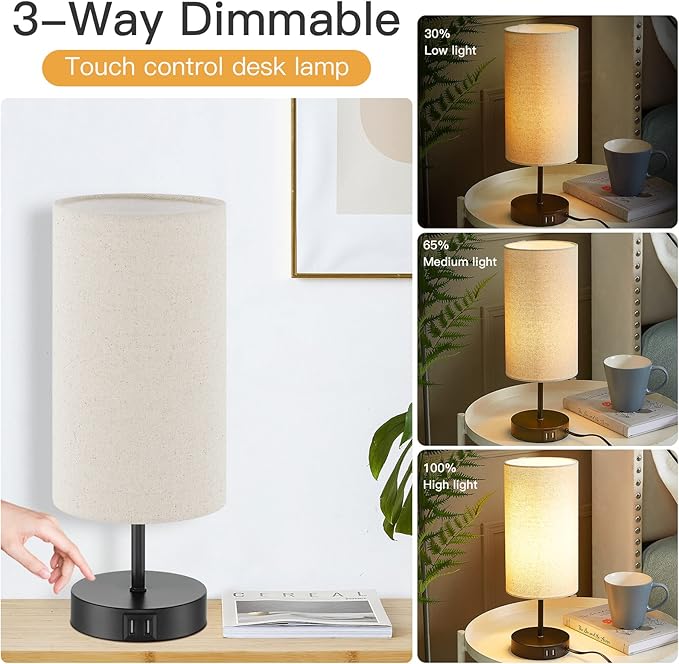 Touch Control Bedside Lamp with 2 USB Ports, 3-Way Dimmable Table lamp for Bedroom, Nightstand Lamp with Round Linen Fabric Shade for Living Room Home Office (E26 LED Bulb Included) - Bloomnest