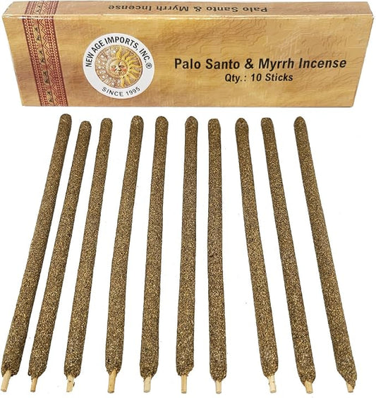 New Age Imports, Inc~ Premium Palo Santo & Myrrh 7-8" Size Incense Sticks. Great for Meditation, Smudging, Spiritual Cleansing. (10 Sticks Pack) NewAgeImportsInc
