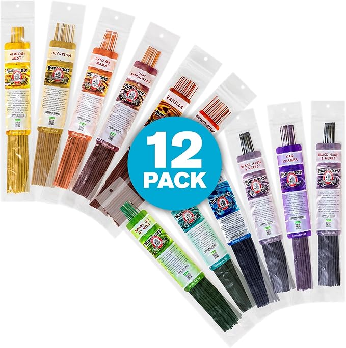 Blunteffects Hand-Dipped Incense Sticks - Premium 144-Pack Variety Set, 12 Different Scents, 11" Long, USA-Made Aromatherapy with Long Burn Time (12 Pack, 144 Total Sticks) Blunteffects