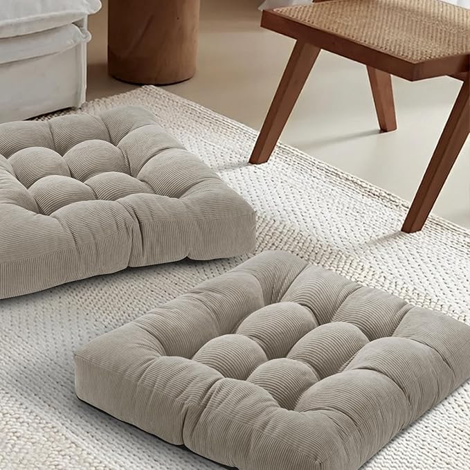 Floor Pillow Cushions for Adults Sitting Large Big Pillows for Floor Seating Square Memory Foam Thick Tufted, 22 x 22 Inch, Set of 2, Light Grey - Bloomnest