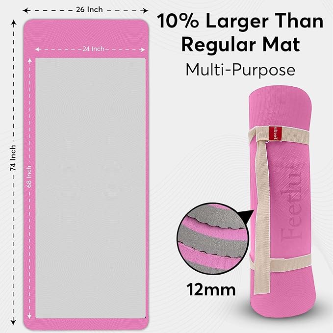 Extra Thick 12mm Exercise Mat – Non-Slip, Joint-Friendly & Cushioned Fitness Mat for Yoga, Pilates & Floor Workouts – Durable, Supportive & Includes Feetlu Classic Strap