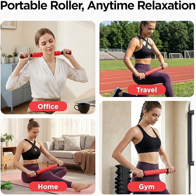 Muscle Roller & Massage Roller Stick for Athletes - Lymphatic Drainage Support, Relieves Muscle Soreness, Cramping & Tightness - Targets Legs, Arms, Back & Calves （Red - 18inch） - Bloomnest
