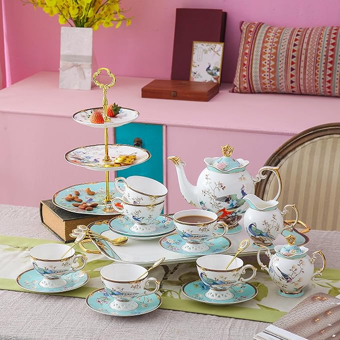 ACMLIFE Fine Bone China Tea Set with Teapot, Porcelain Tea Sets for Adults, 21-Piece Vintage Tea Set for 6, 24K Gold Blue English Floral British Bone China Tea Sets for Women Tea Party for Gifts - Bloomnest