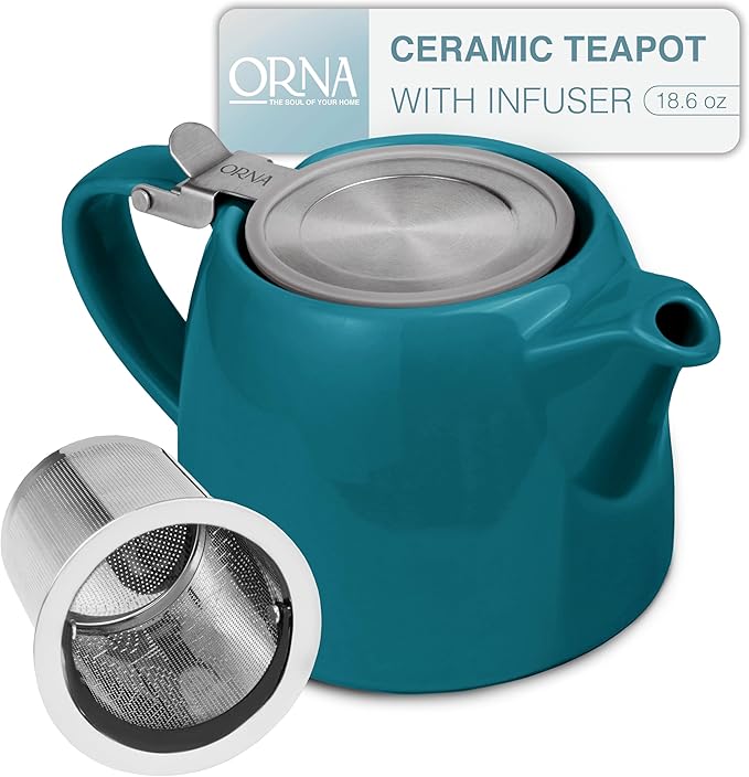 ORNA Ceramic Teapot with Tea Infuser – Small Tea Pot for Loose Leaf Tea – 550ml / 18.6 Oz Porcelain Non-Stove Teapot for 2 Cups with Tea Strainer (Ocean) - Bloomnest