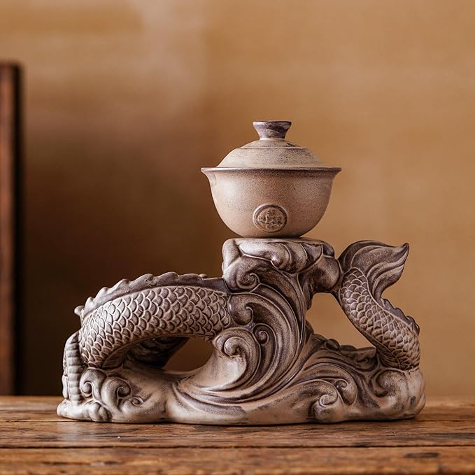 Semi Automatic Tea Set Ceramic Teapot with Infuser Magic Teapot with 8 cups (Retro Dragon-D) - Bloomnest