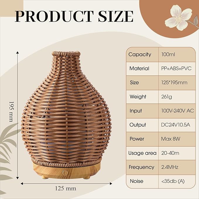 Copkim Essential Oil Diffuser Rattan Woven Boho Aroma Humidifier 80ml Ultrasonic Aromatherapy Diffuser with Timer and Waterless Auto-Off 2 Mist Modes Noiseless Warm Light for Home Office Bedroom Copkim