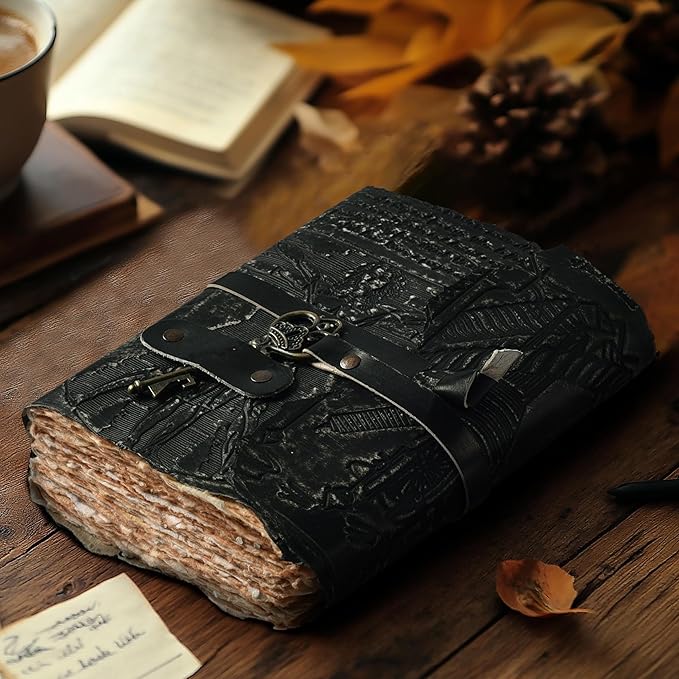 LEATHER VILLAGE Genuine Leather Handmade Journal for Men & Women – Vitruvian Man Embossed Cover – Key Closure – Book of Shadow – Vintage Deckle Edge Paper for Writing, Drawing – 7x5 Inches – Black - Bloomnest