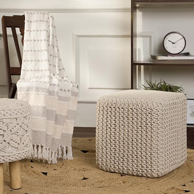 REDEARTH Square Pouf Ottoman Foot Stool - Hand Knitted Bean Bag - Cord Boho Pouffe - Accent Poof for Living Room - Nursery - Bedroom - Kids Bedroom - Patio - 100% Cotton (16" x 16" x 16") - Ivory - Bloomnest
