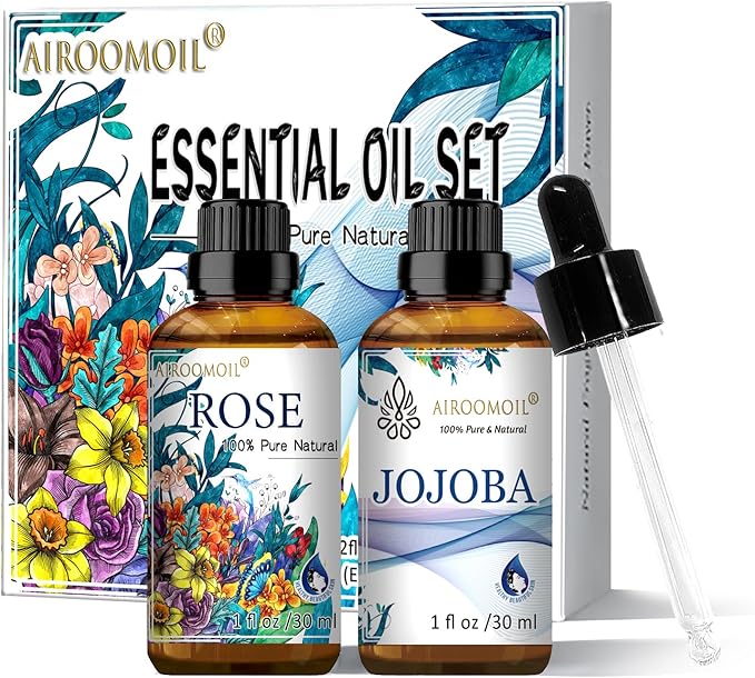 1+1 Fl Oz Travel Size Rose Essential Oil Jojoba Oil Set Floral Fragrance for Candle DIY Aromatherapy Home Use Diffuser Perfume Bath Massage Scents Airoomoil