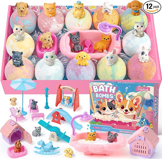 Bath Bombs for Kids with Surprise Inside for Girls Boys, 12 Pack Kids Bath Bombs with Dog & Cat Toys Pretend Playset Handmade Bubble Bath Fizzies Birthday Christmas Gift Set - Bloomnest