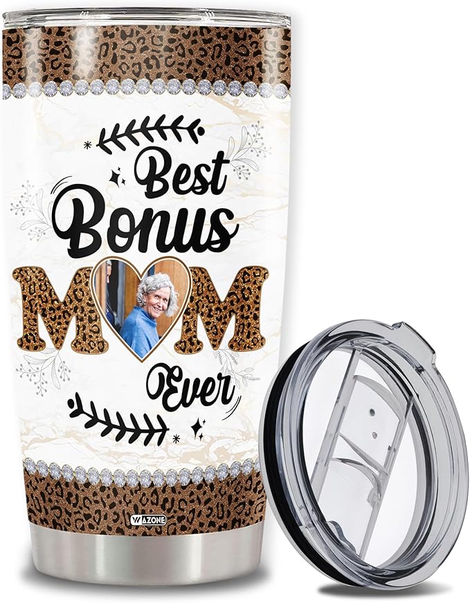 WAZONE Personalized Best Bonus Mom Ever Gifts Tumbler Cups From Daughters For Mommy Mothers Customized Photo With Lid 20 30 Oz Presents Idea Birthday Christmas Mothers Day Anniversary - Bloomnest