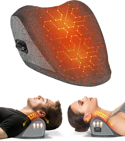 Heated Neck Stretcher for Pain Relief - Neck and Shoulder Relaxer Graphene Heated Cervical Traction Device Neck Pillow Corrector Chiropractic for TMJ Pain Relief and Cervical Spine Alignment Grey