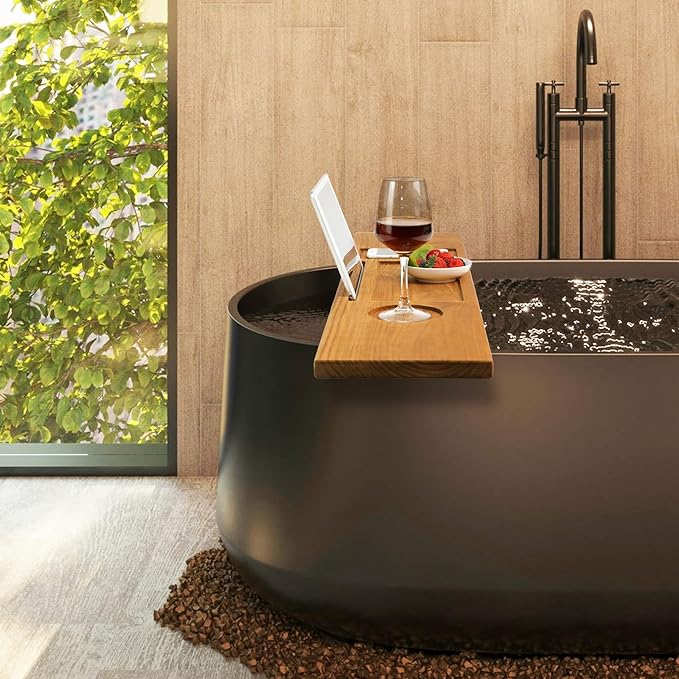 VaeFae Teak Bathtub Tray Table, Wooden Bath Board for Tub with Wine and iPad Holder - Bloomnest