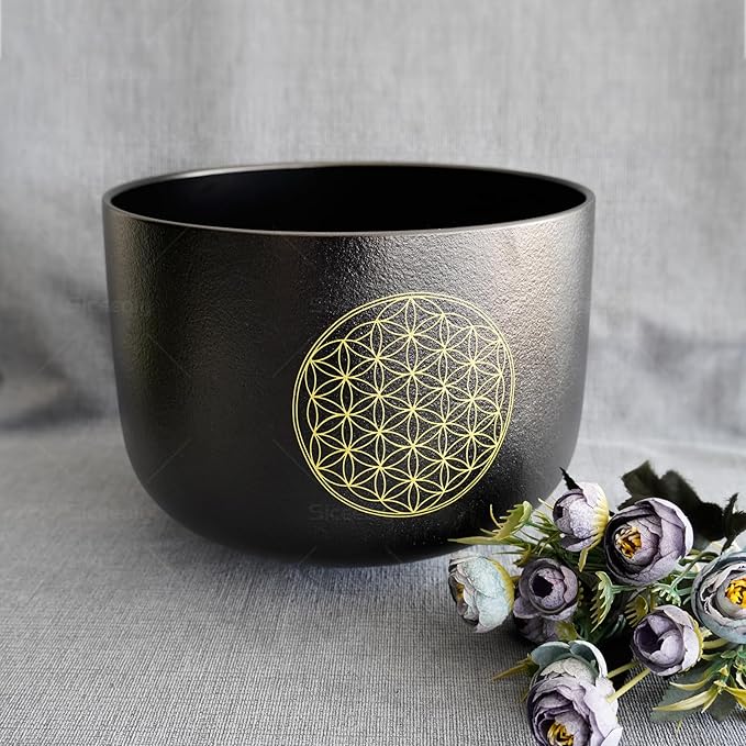 9 inch F Note Flower of Life Black Crystal Singing Bowl Heart Chakra Meditation Sound Healing with Suede Mallet Striker O-ring - Bloomnest