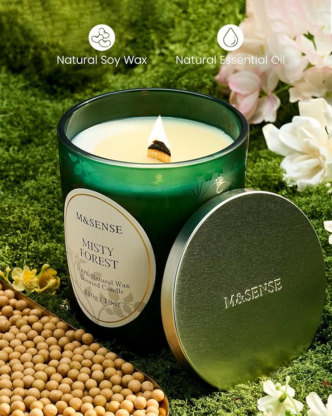 M&SENSE Misty Pine Forest Candle, Cracking Wooden Wick Soy Wax, 18oz 100 Hours Long Lasting Clean Burn, Large Fall Candles for Home Scented, Winter Holiday Gifts for Women Christmas - Bloomnest