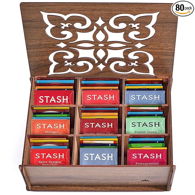 Tea Bags Sampler Gift Box – 80 Count, 28 Flavors – Wooden (MDF) Tea Organizer in Walnut – Variety Pack for Mom, Dad, Friends, Coworkers, Students, Men & Women - Bloomnest