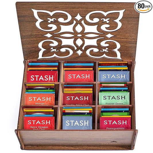 Tea Bags Sampler Gift Box – 80 Count, 28 Flavors – Wooden (MDF) Tea Organizer in Walnut – Variety Pack for Mom, Dad, Friends, Coworkers, Students, Men & Women - Bloomnest