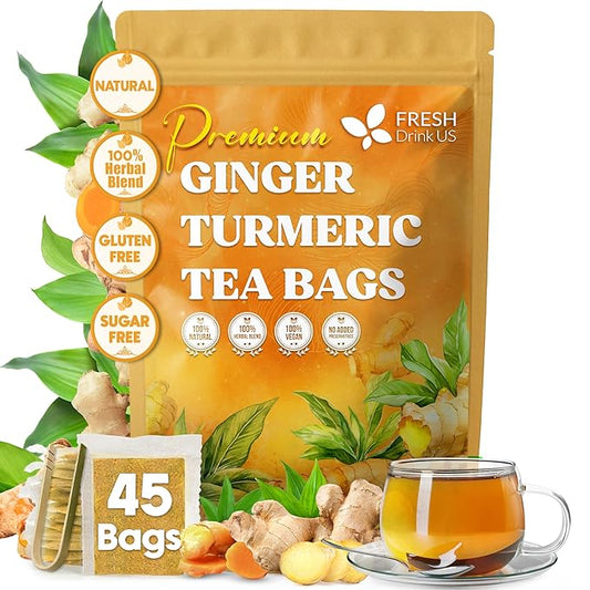 FreshDrinkUS, Premium 45 Ginger Turmeric Tea Bags, 100% Natural Ingredients, Hand-made Blend of Ginger and Turmeric Herbal Tea, Eco-conscious Tea Bags. No Sugar, No Caffeine, No Gluten, Vegan. - Bloomnest