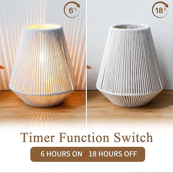 JHY DESIGN Set of 2 Woven Lampshade Table Lamps 8" H Cotton Rope Bedside Light‌s Cordless Decorative Battery Operated Lamps with 6 Hours Timer for Bedroom Living Room Home Parties Patio Events - Bloomnest