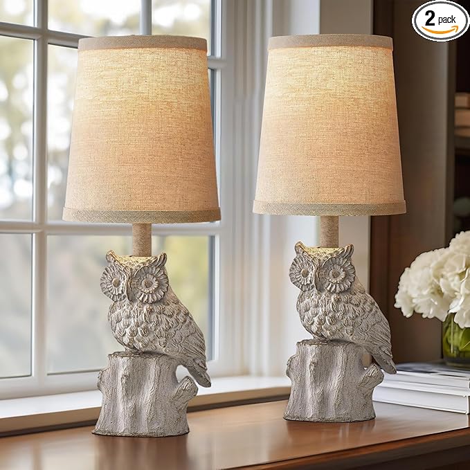 14.25" Small Table Lamps Set of 2 Owl Lamps for Home Decor Rustic Farmhouse Vintage Bedside Table Resin Retro Nightstand, White - Bloomnest