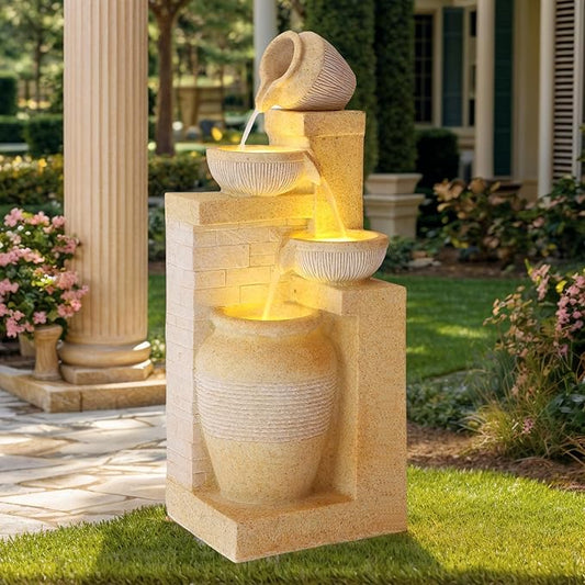 Grepatio Outdoor 4-Tiers Water Fountain, Garden Cascading Waterfalls Fountain with LED Lights, 32"H Modern Indoor/Outdoor Bowl Waterfall Feature Water Fountains for Garden, Patio, Yard Decor (Yellow) - Bloomnest