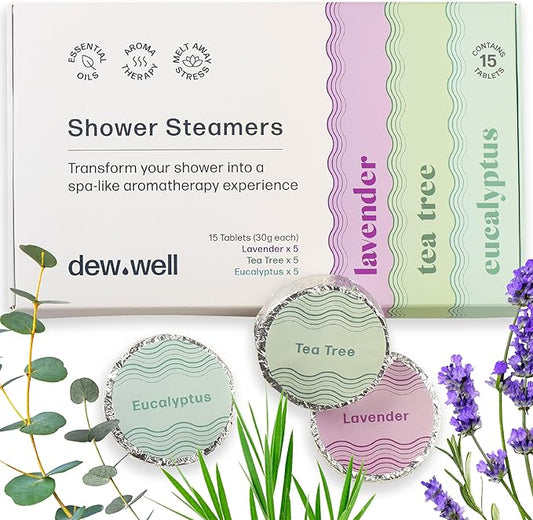 Dew Well - Shower Steamers - 15 Count Shower Bomb - Spa Aromatherapy Right in Your Home - Relax and Unwind - Variety Pack (Lavender, Eucalyptus & Tea Tree) - Bloomnest