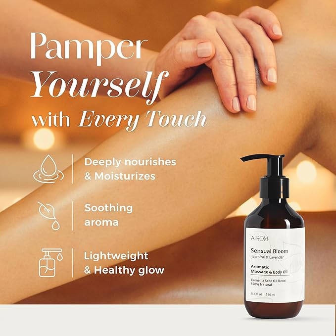 AiROM Jasmine & Lavender Massage Oil for Massage Therapy - Scented Body Oil for Women – Hypoallergenic, Relaxing Aromatherapy, Non-Greasy, Spa Quality - Gift for Her, Spa Gift - 6.4 fl oz - Bloomnest
