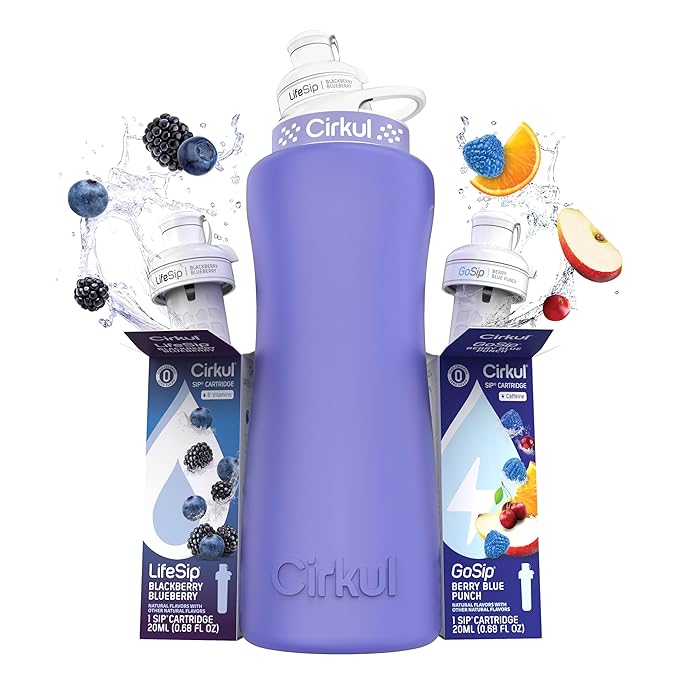 Cirkul 32oz. Matte Periwinkle Stainless Steel Water Bottle Starter Kit with Purple Lid, 2 Flavor Cartridges (1 LifeSip Blackberry Blueberry, 1 GoSip Berry Blue Punch) No Sugar, Zero Calorie Drink Mix Cirkul