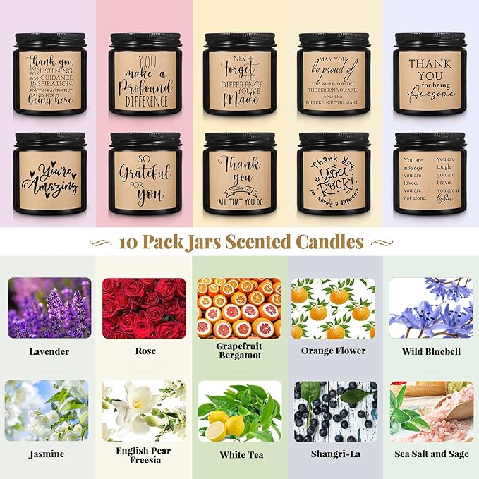 Roowest 10 Jars Thank You Gift Candles 3.5 oz Employee Appreciation Gifts Bulk Soy Wax Jar Inspirational Candle Thank You for Coworkers Employee Women Secretaries Teacher Volunteers(Classic) - Bloomnest