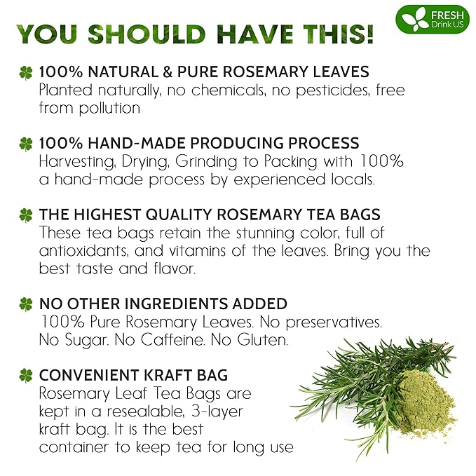 FreshDrinkUS, Premium 100 Rosemary Leaf Tea Bags, Made with 100% Natural Rosemary Dried Leaves, Pure Rosemary Herbal Tea, No Additives, No Caffeine, No Gluten, Vegan. - Bloomnest