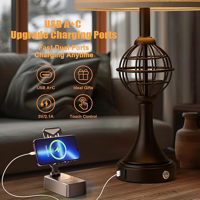 Table Lamps for Living Room Set of 2, Farmhouse Touch Lamps for Nightstand with USB A+C, 26.5" Rustic Bedside Lamp for Bedroom End Tables - Bloomnest